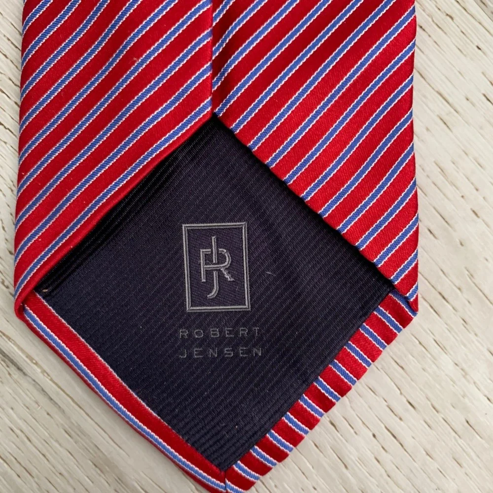 Robert Jensen Red Blue White Striped Silk Tie Hand Sewn Italy Mens Necktie